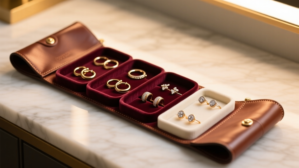 Open leather travel roll revealing velvet slit pads securing 18-gauge huggies and ear cuffs under warm, ambient vanity lighting.