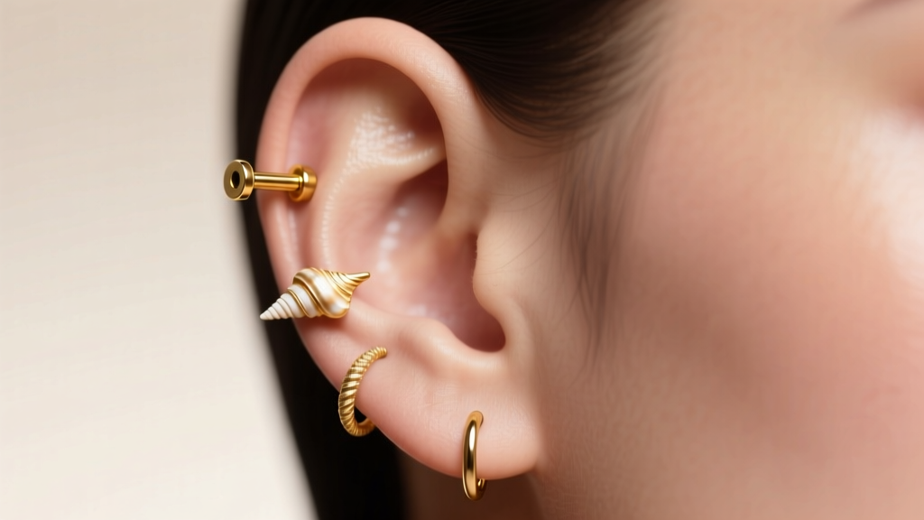 Close-up of a curated ear with an 18k gold threadless helix stud, a conch hoop, and lobe huggies against soft studio lighting.