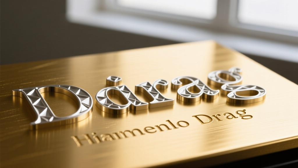 Macro view of deep diamond-drag hand stamped silver letters next to shallow laser etched text on a gold vermeil surface