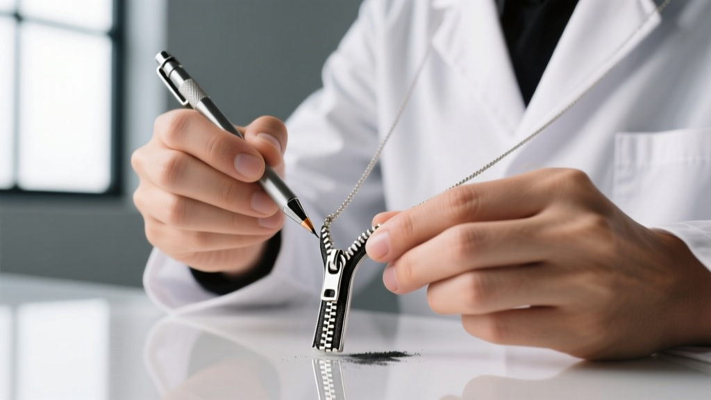 Jeweler using a 0.5mm mechanical pencil to apply graphite lubricant to the teeth of a stainless steel zipper pendant necklace