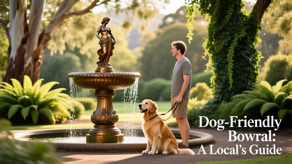 A bronze fountain in Corbett Gardens, Bowral, surrounded by greenery