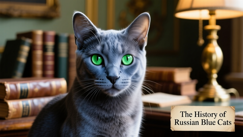 A close-up portrait of a Russian Blue cat showing its vivid green eyes, silver-tipped blue coat, and refined facial structure