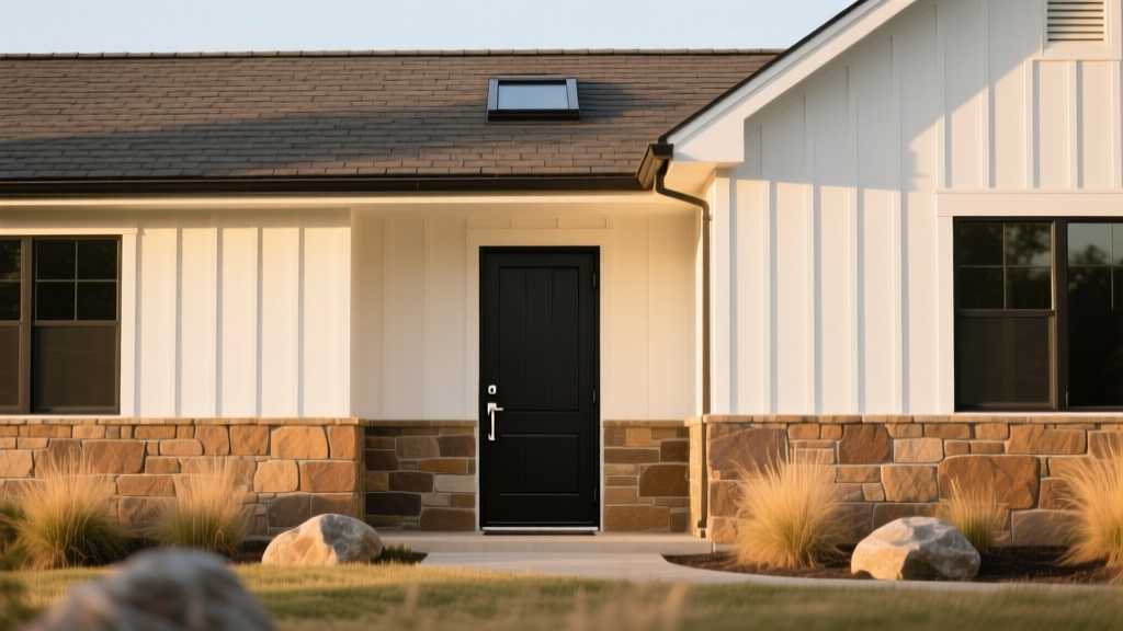 Modern farmhouse exterior blending white vinyl siding with warm earth-toned ledgestone veneer wainscoting under natural sunlight