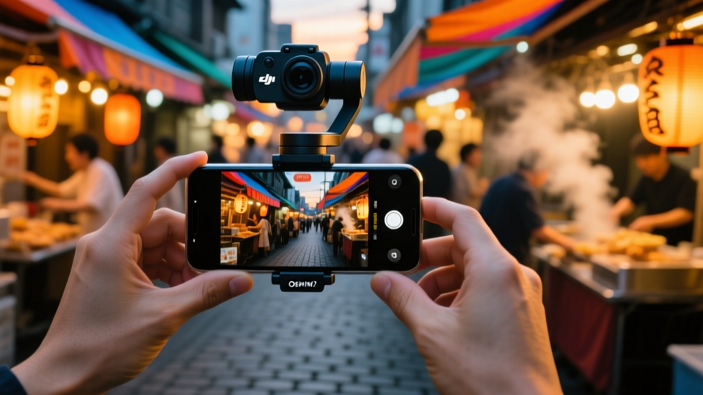 Hands adjusting the magnetic clamp of a DJI Osmo Mobile 7 gimbal onto a smartphone while filming a bustling Tokyo street market at dusk.