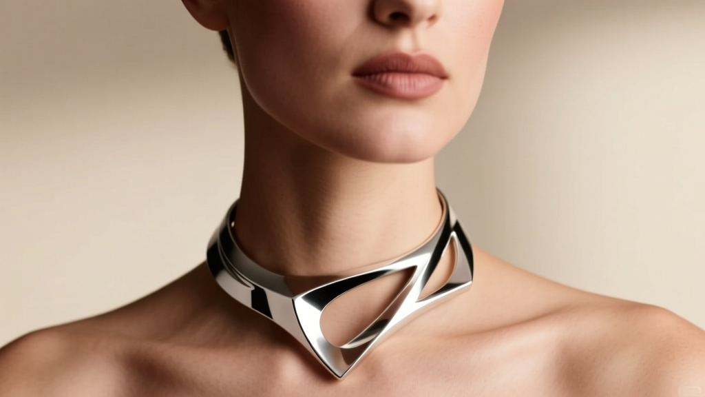 Close-up of a woman wearing a sculptural Margo Morrison silver choker, highlighting the architectural curve against her collarbone
