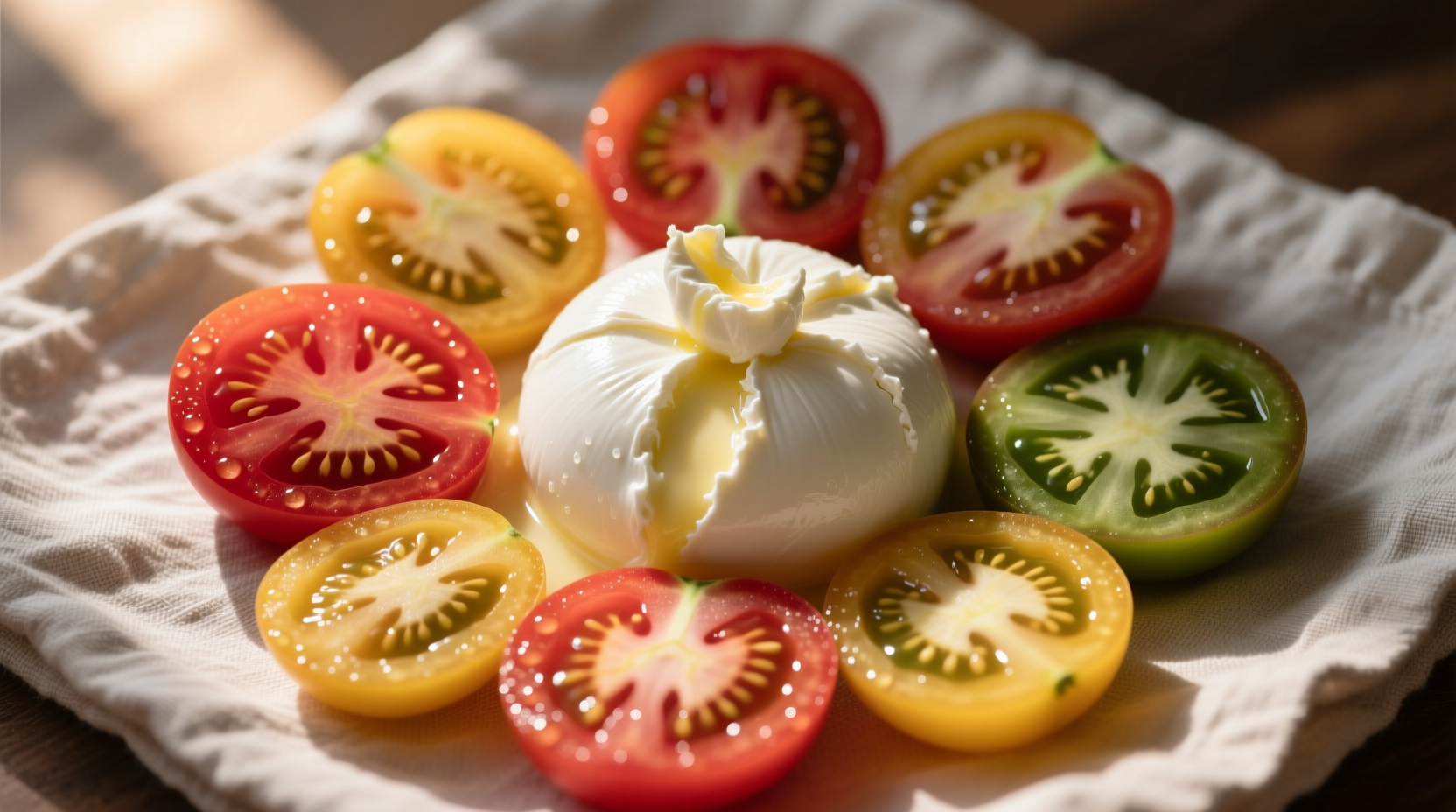 Heirloom tomato slices surrounding fresh burrata cheese