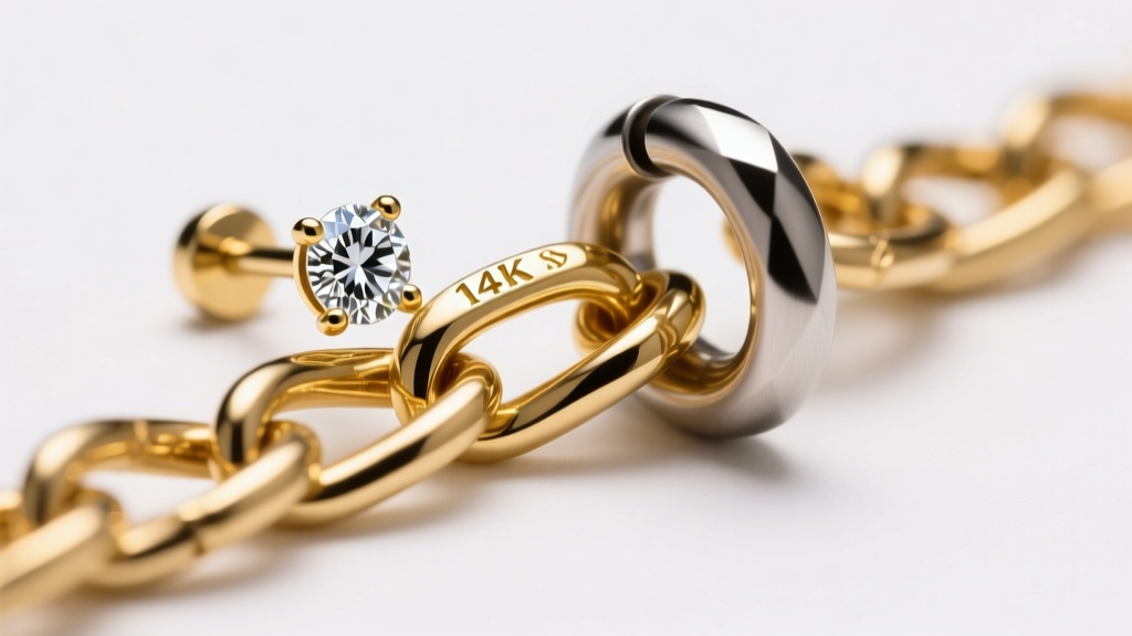 Macro shot of a 14k gold chain connecting an 18-gauge diamond lobe stud to a titanium helix hoop under soft studio lighting