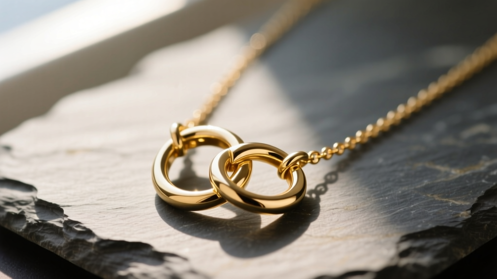 Macro photo of a gold double circle necklace on slate, showing interlocking pendant joints and a bright, highly polished surface.