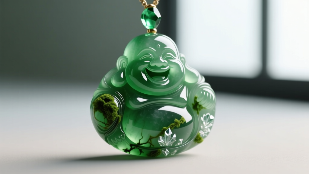 Macro photography of a carved nephrite jade laughing Buddha pendant showing deep green translucency and natural stone inclusions.