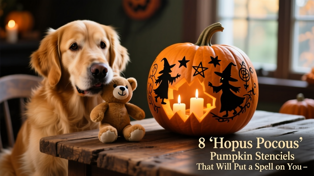A golden retriever gently holding a Binx plush toy in its mouth, next to a half-carved pumpkin on a wooden table