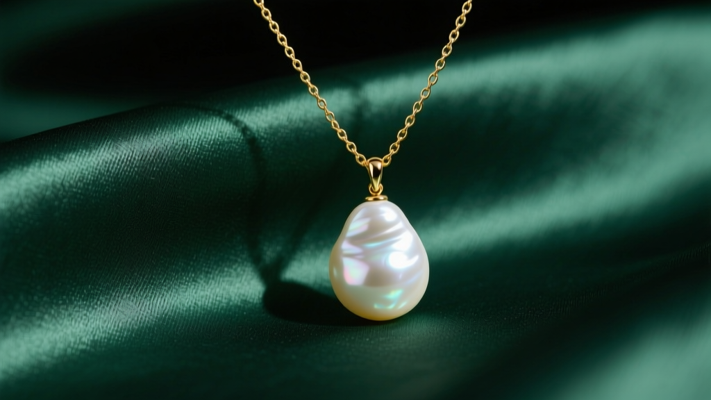 A 12mm white baroque pearl drop pendant on a delicate 18k gold chain resting on dark emerald silk fabric under soft studio light.