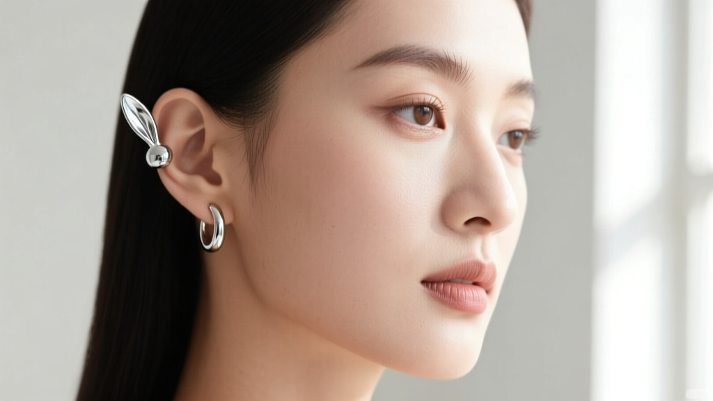 Profile of a woman wearing a sterling silver rabbit ear cuff on the upper helix cartilage, illuminated by soft natural window light.