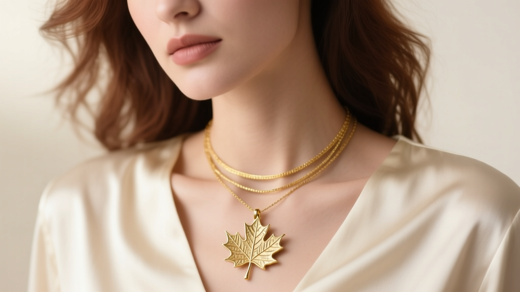 Close-up of a woman wearing a layered gold vermeil maple leaf necklace pendant resting elegantly on a soft cream silk blouse.