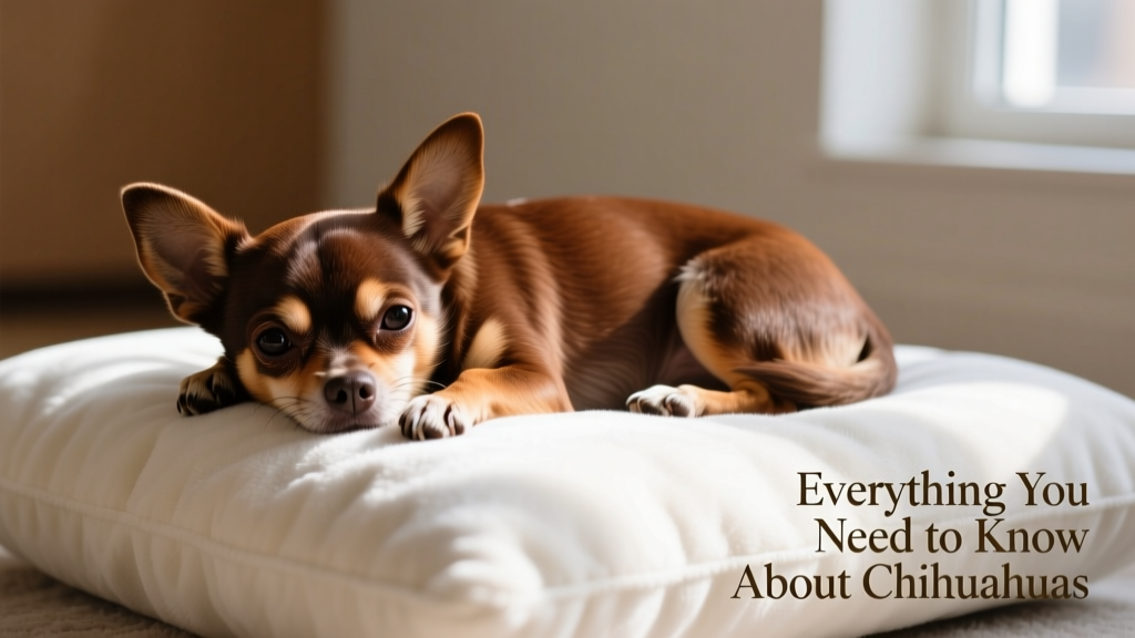 A rich brown Chihuahua resting peacefully with its head and front paws nestled on a plush white cushion
