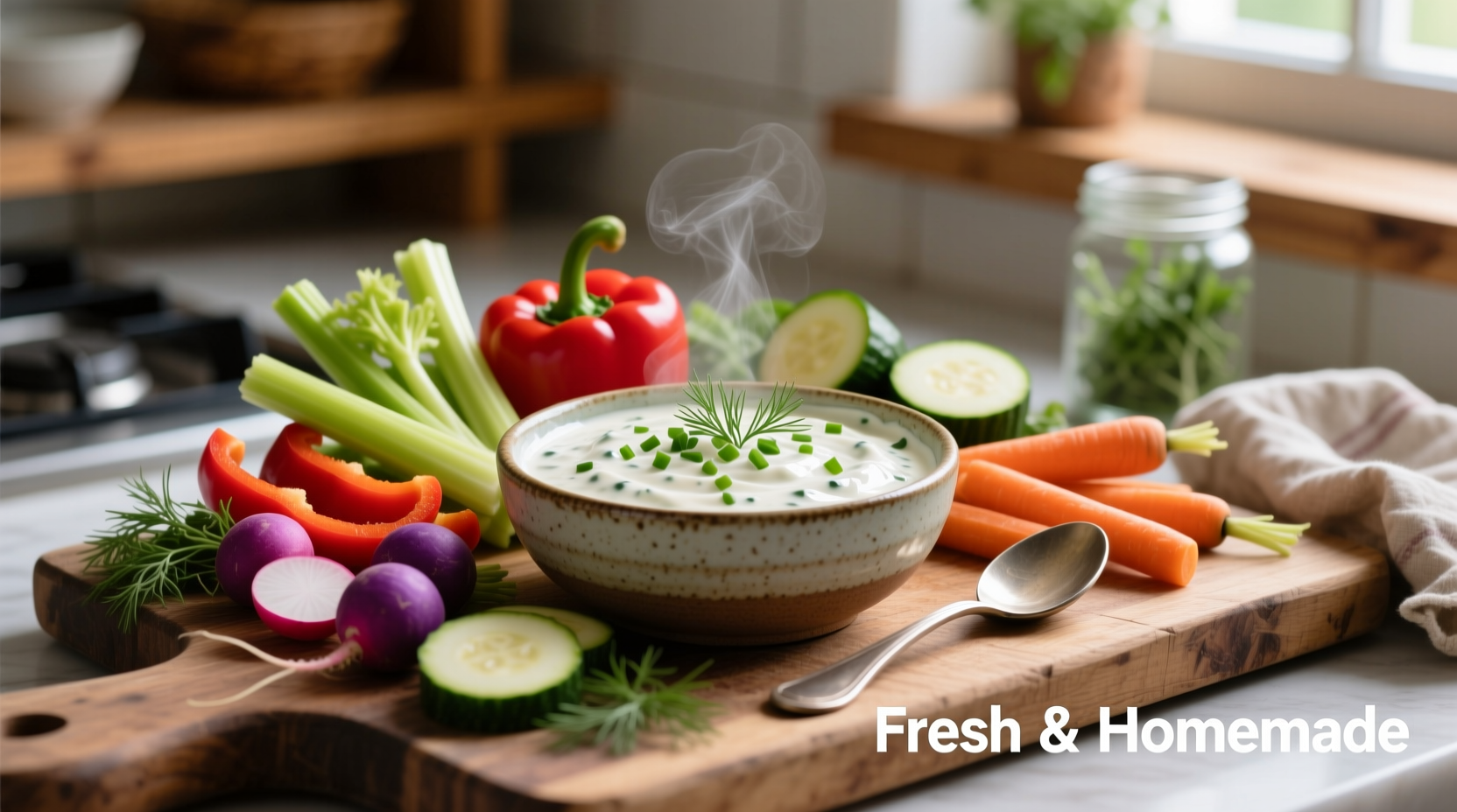 Homemade ranch dressing served with vegetable crudités