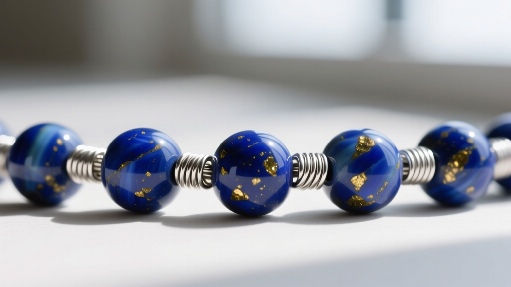 Macro shot of 6mm lapis lazuli rosary beads linked by 20-gauge silver wire loops, highlighting the precise wire wrapping technique.