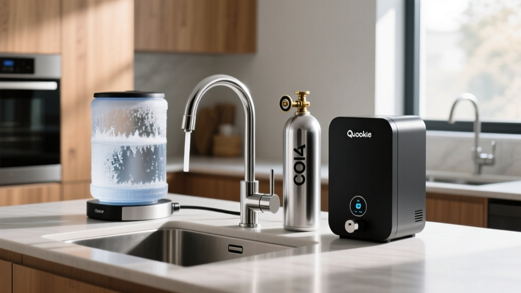 Under-sink Quooker Cube water dispensing system showing the chilled water tank, CO2 cylinder, and boiler unit connected to a kitchen faucet