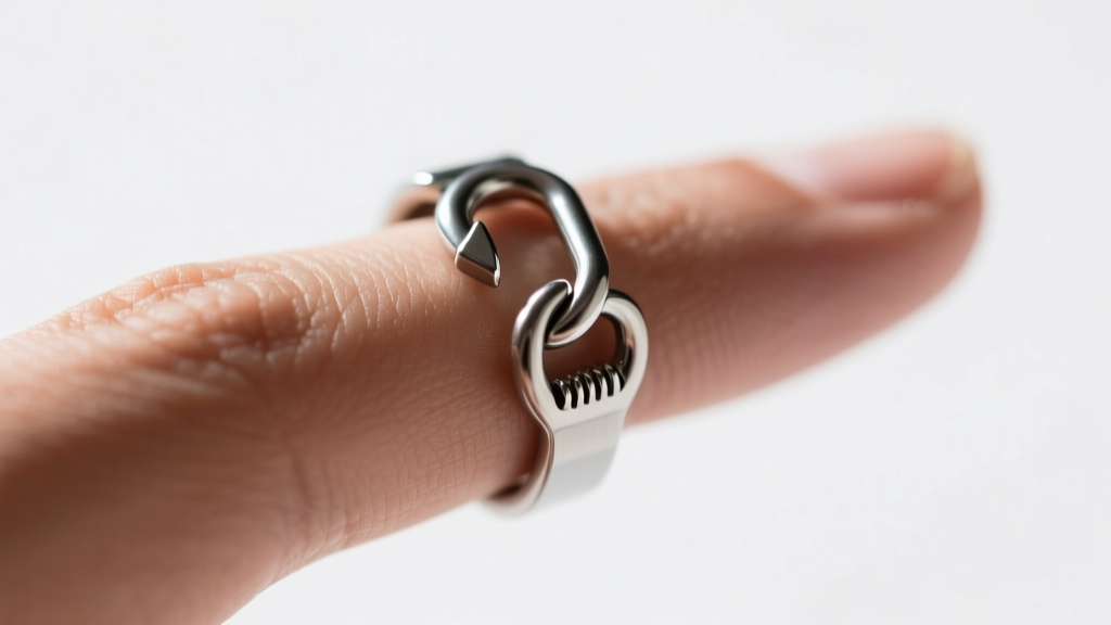 Side profile of an adjustable tension-closure jump ring band showing the secure interlocking hook mechanism on a human finger
