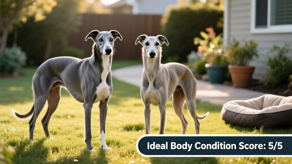 Side-by-side comparison of a healthy, fit greyhound and a slightly underweight one, illustrating ideal body condition scoring