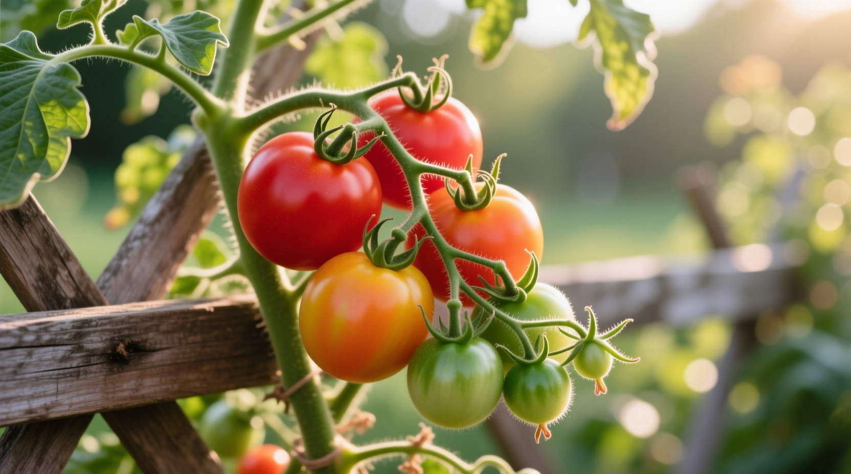 Fresh tomatoes on vine showing ripening stages