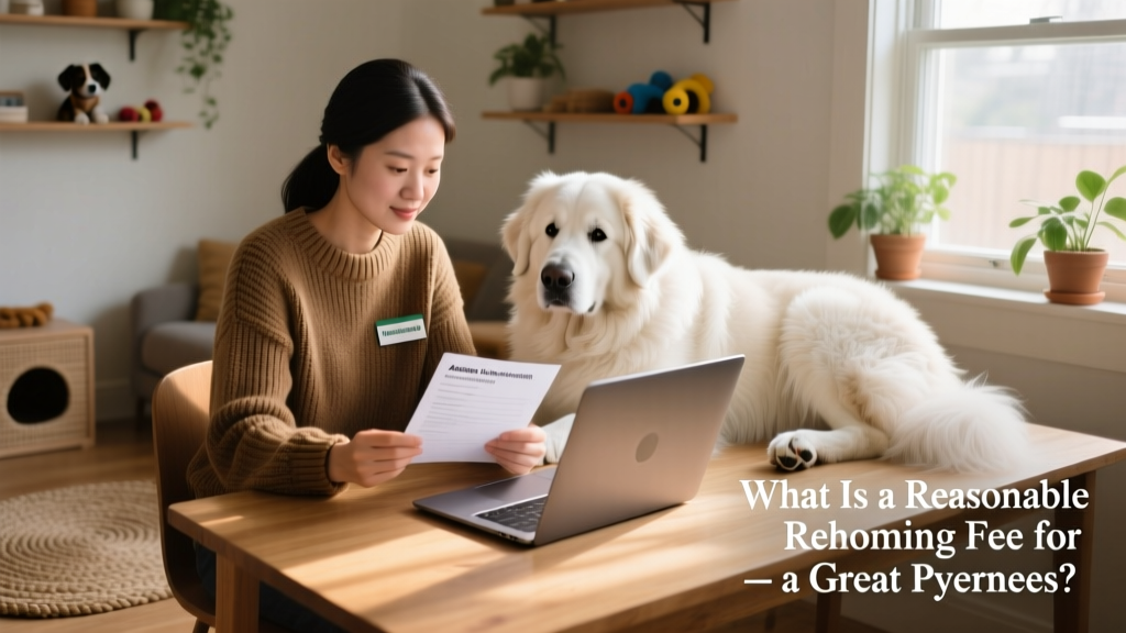 Volunteer at FurPetVo reviewing adoption applications on a laptop beside a calm Great Pyrenees