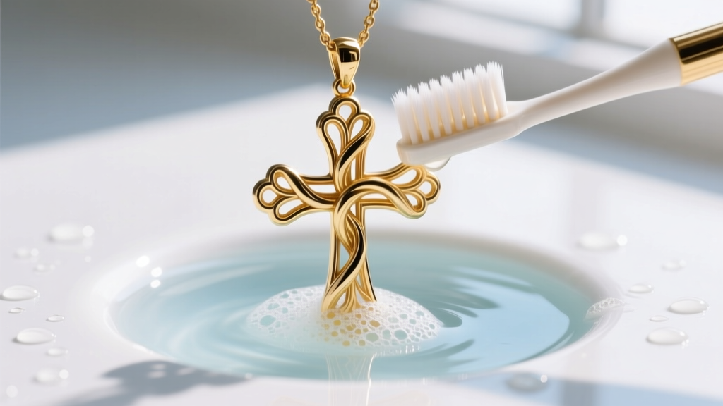 Soft toothbrush gently scrubbing intricate grooves of a gold vermeil twisted cross pendant submerged in mild soapy water.