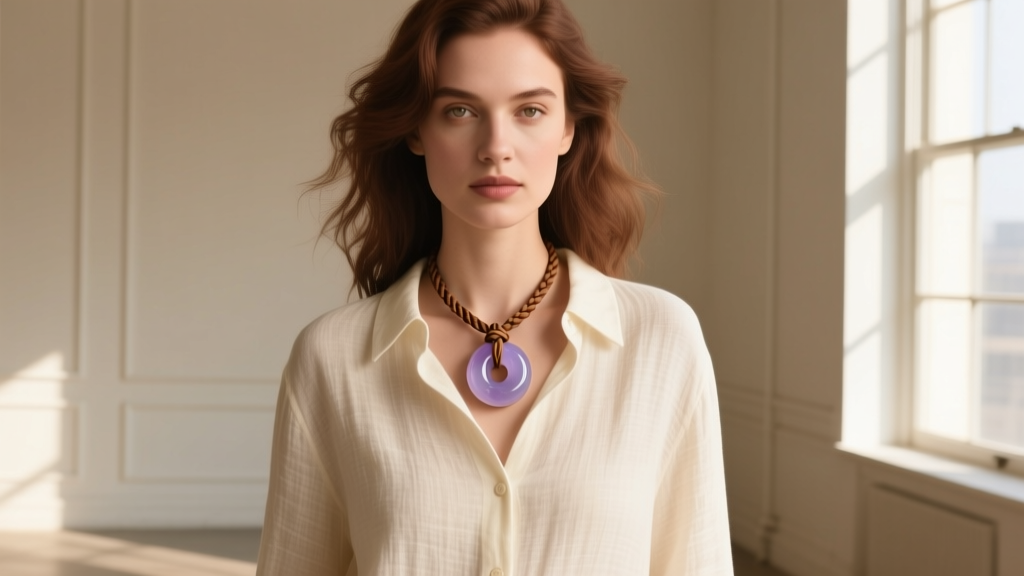 A woman wearing a lavender jade donut necklace on a braided brown waxed cotton cord over a cream linen button-down shirt.