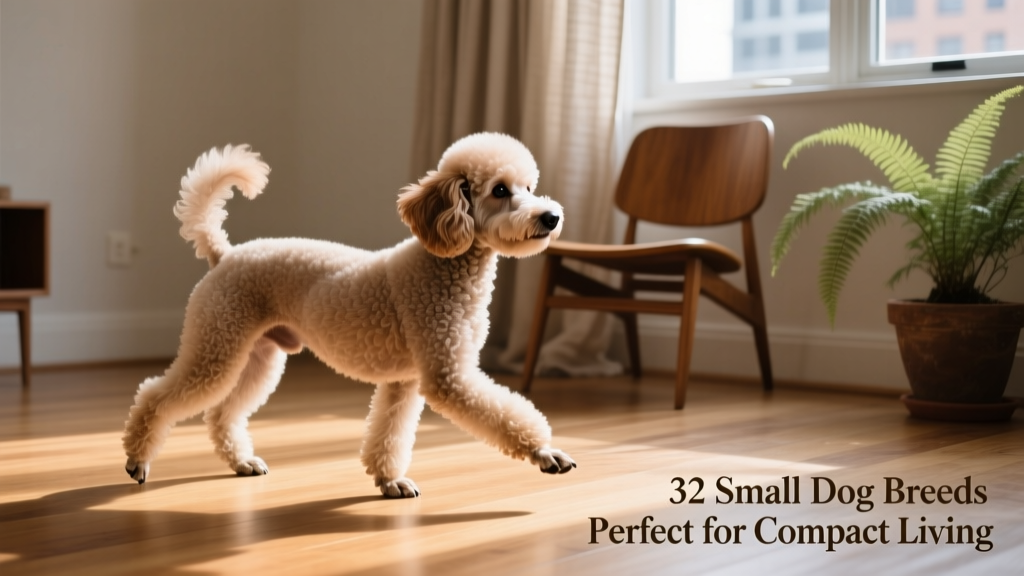 A well-groomed Miniature Poodle mid-step on a hardwood floor, tail held high and expression alert and intelligent