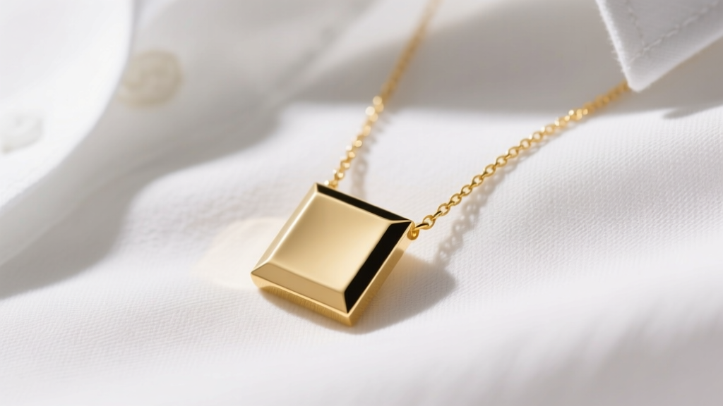 Close-up of a minimalist 14k yellow gold square pendant necklace resting on a white linen shirt, soft natural window lighting