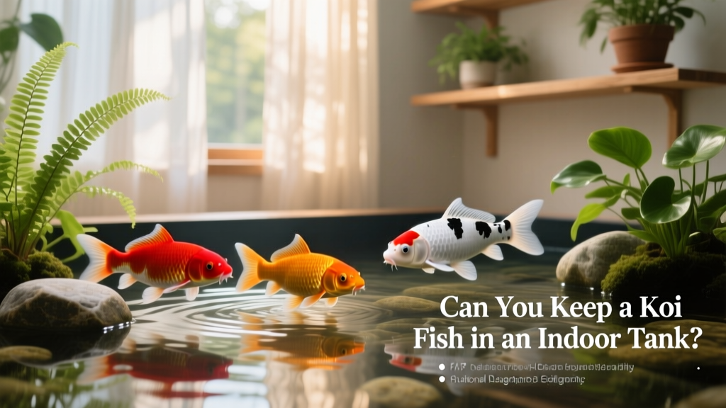 A serene indoor aquarium with three colorful koi swimming among smooth river stones and aquatic plants