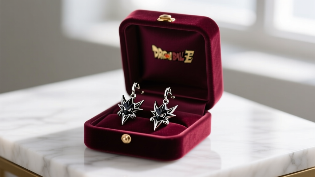 Velvet-lined jewelry box displaying a pair of dark metallic Dragon Ball Super character dangle earrings safely stored
