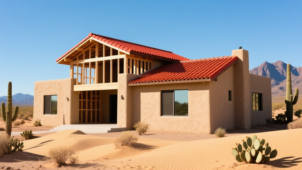 Modern desert-style stucco house under construction in Scottsdale Arizona with wood framing and red tile roof materials visible