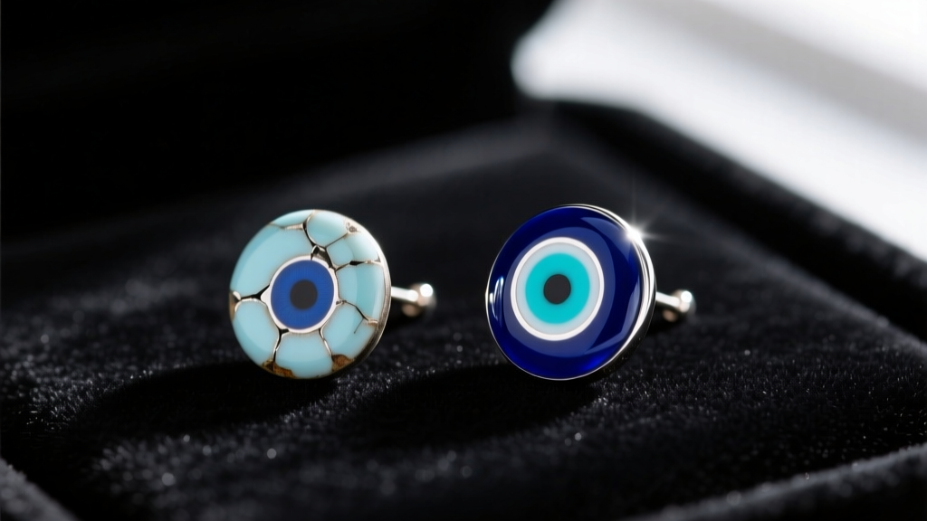 Macro photo comparing a chipped cold enamel evil eye stud next to a pristine vitreous enamel evil eye earring on dark velvet.