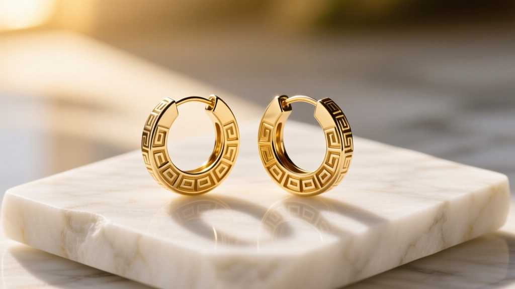 14k gold Greek key hoop earrings on raw white marble, bathed in warm Mediterranean sunlight casting soft and elegant shadows.