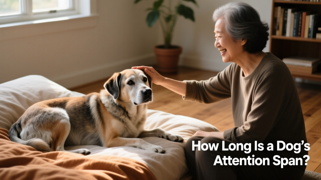 A senior dog resting peacefully on a cozy bed, gazing softly at its owner