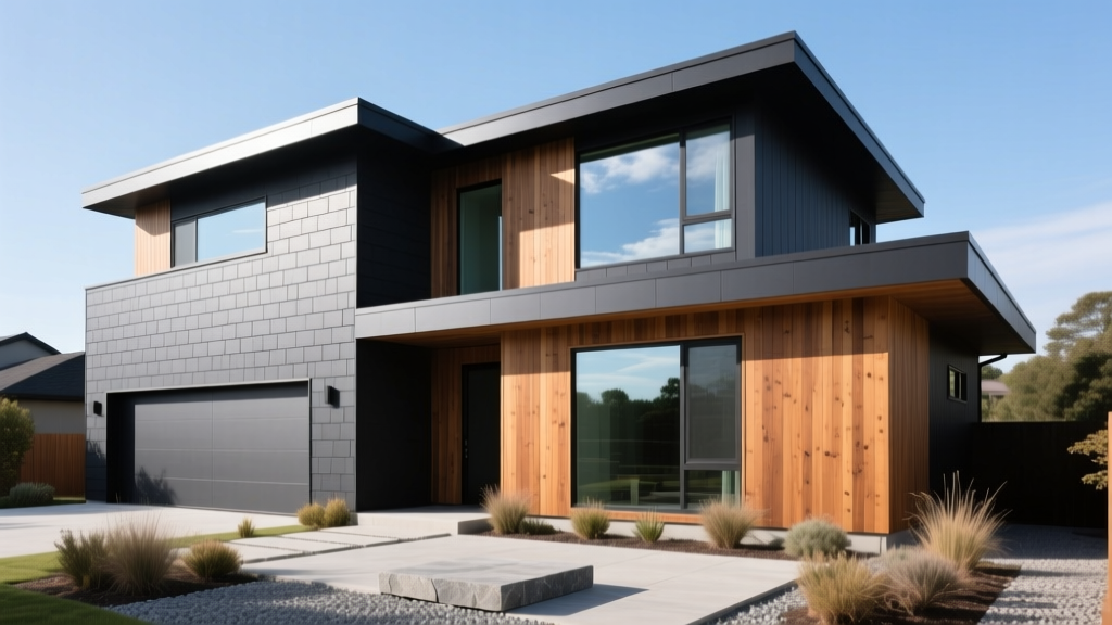 Modern two-story home exterior featuring a mix of dark charcoal fiber cement lap siding and warm cedar wood accent cladding under bright daylight
