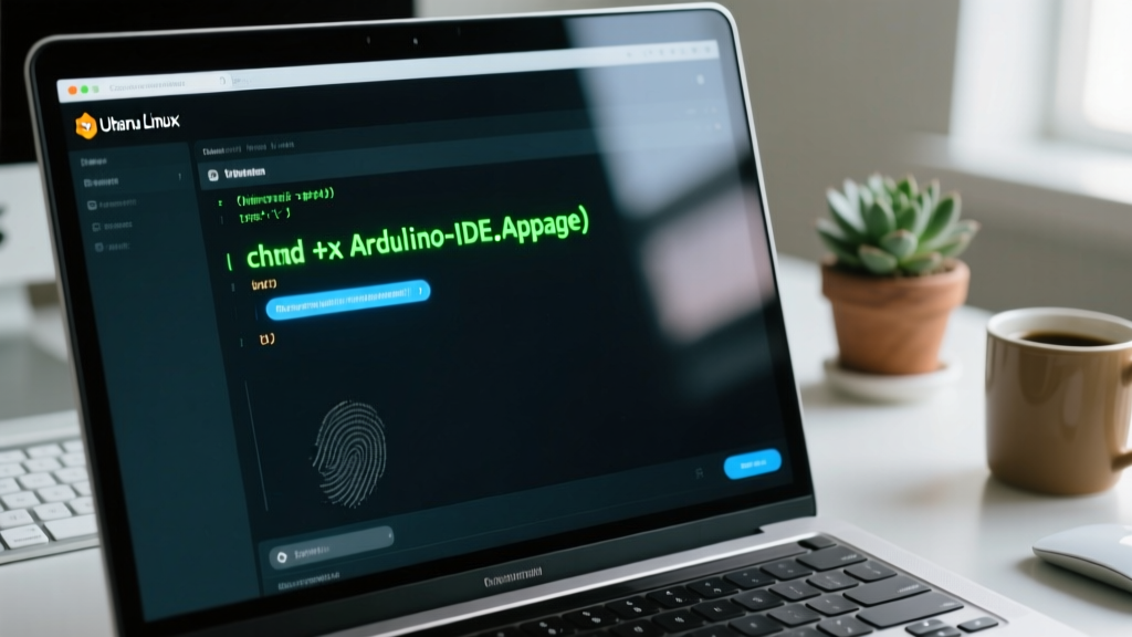 Terminal window displaying the chmod +x command being applied to the Arduino Integrated Development Environment AppImage file for execution permissions on Ubuntu Linux