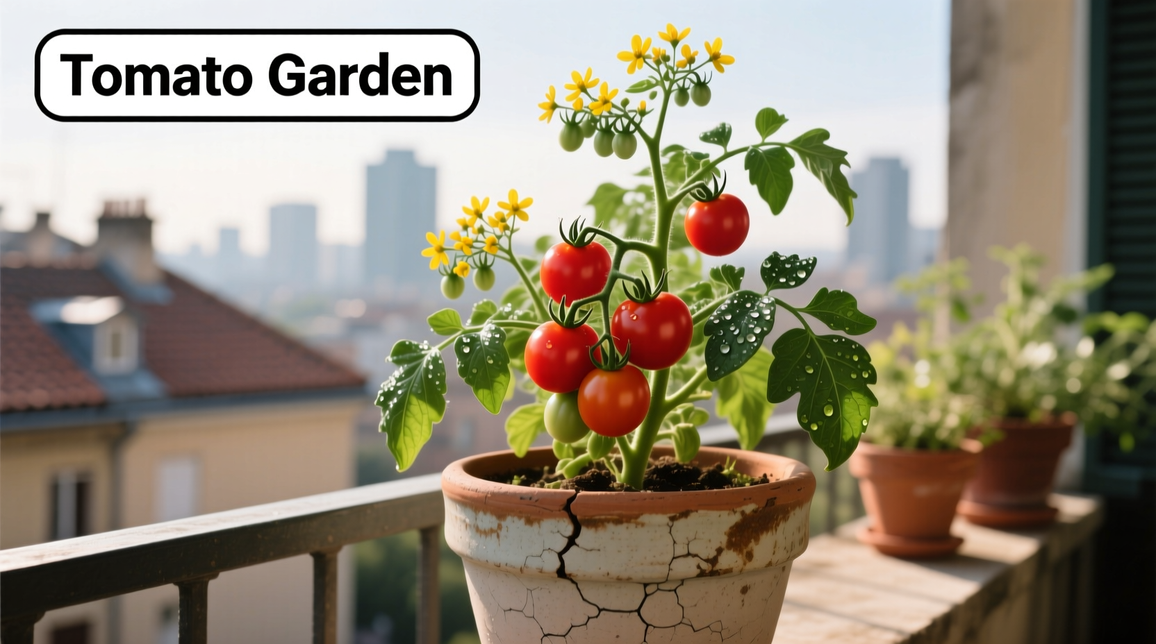 Healthy tomato plant growing in ceramic pot on balcony