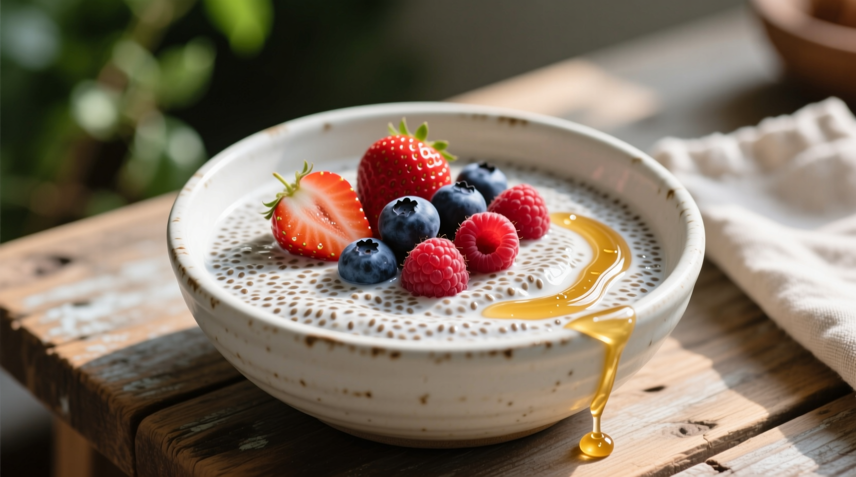 Bowl of creamy chia pudding with fresh berries