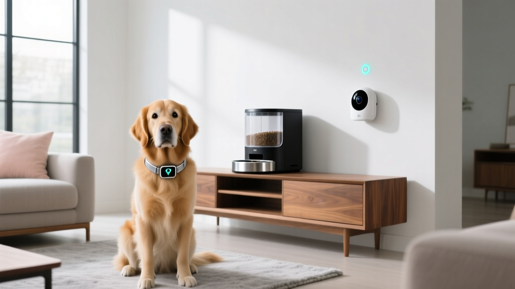 Modern living room featuring a sleek automatic pet feeder, a wall-mounted AI pet camera, and a dog wearing a smart GPS collar