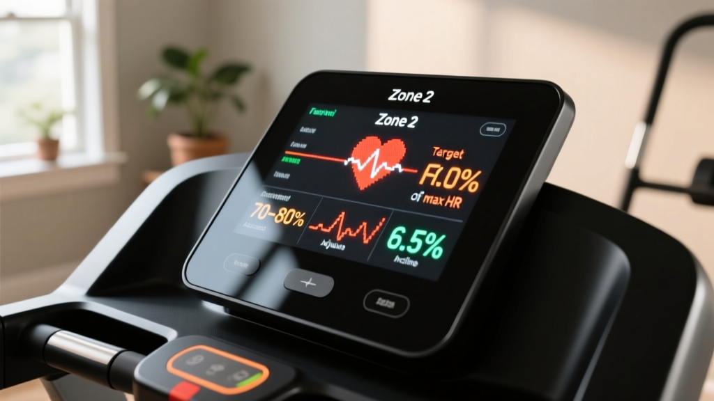 Close-up of a digital treadmill console displaying Zone 2 heart rate metrics and incline settings during a fasted morning fat-loss workout