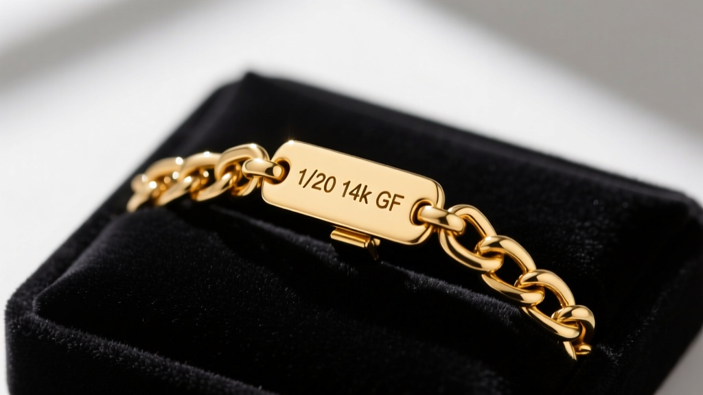 Macro shot of a 14k gold filled chain clasp stamped 1/20 14k GF, resting on a dark velvet jewelry display pad in soft light.