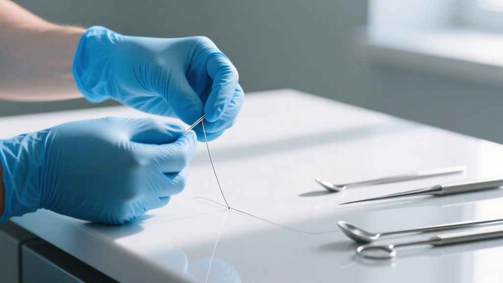 Hands in blue nitrile gloves tying a surgeon