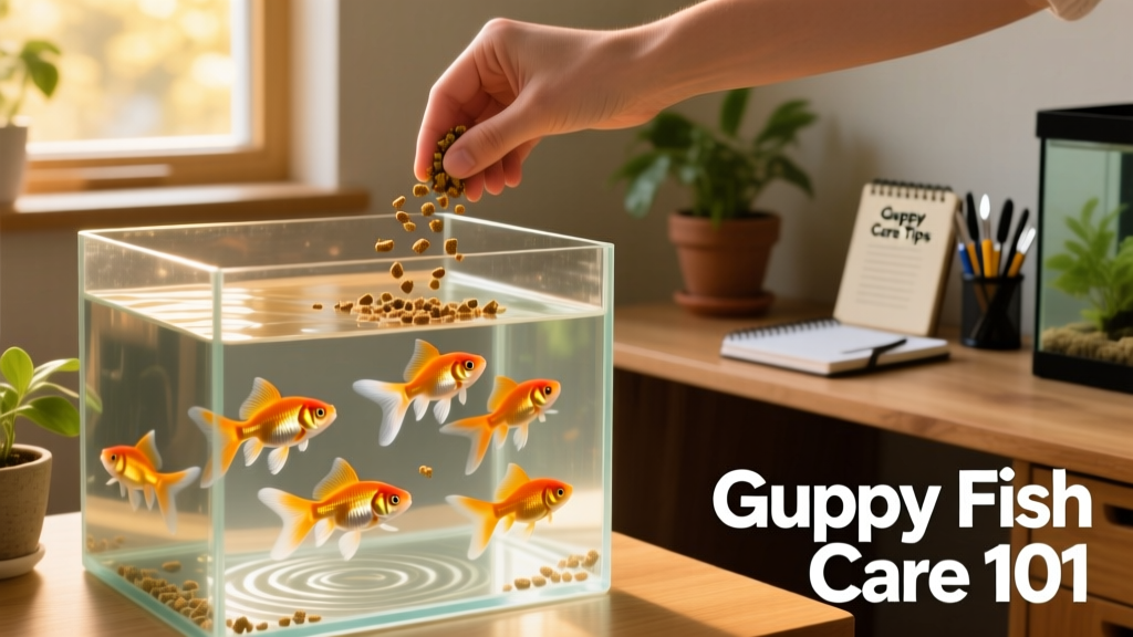 Hand sprinkling small fish flakes into a guppy tank, with several guppies swimming upward to feed