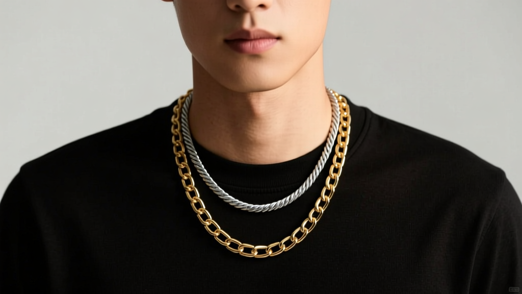 Man wearing a mens necklace stack with a silver cable chain and gold box chain over a black t-shirt in warm, soft studio lighting