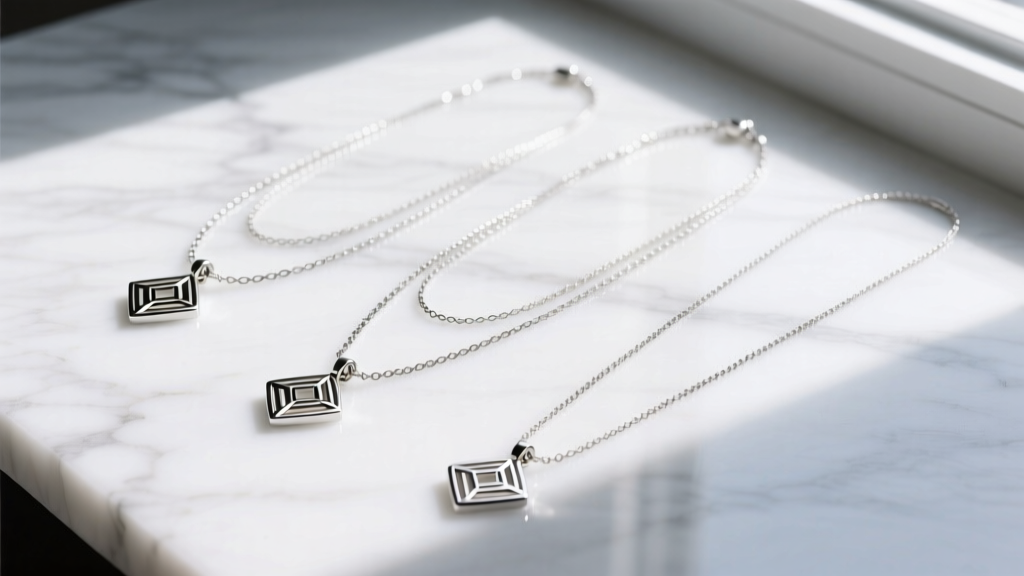Flat lay of three layered tween necklaces in 14, 16, and 18-inch lengths with titanium pendants on a clean white marble surface.