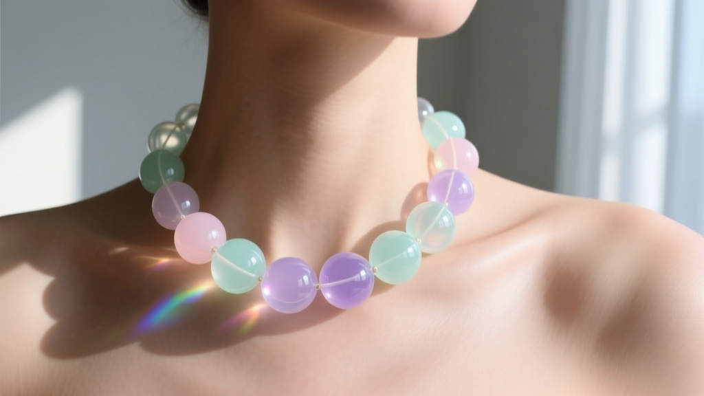 Close-up of a collarbone-length bubble necklace with translucent pastel resin spheres catching soft natural window light on skin