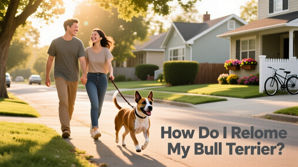 Two people smiling as they walk a happy Bull Terrier on a sunny neighborhood street