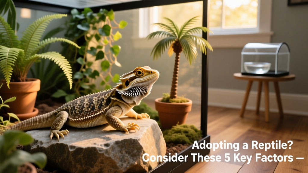 A calm bearded dragon resting on a warm rock in a well-lit, planted enclosure