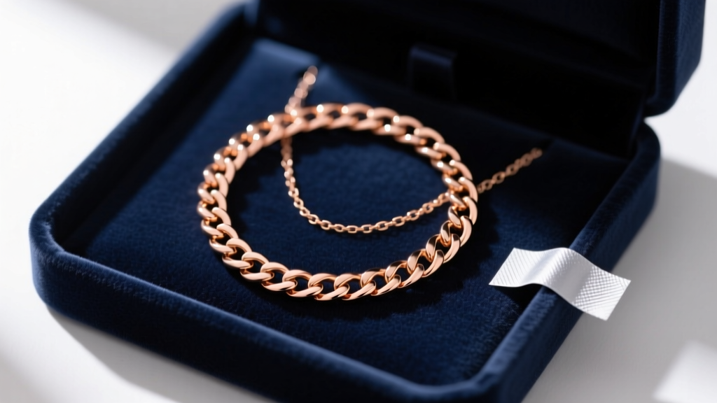 Neatly coiled 14k rose gold singapore chain necklace resting in a velvet-lined jewelry box next to a small anti-tarnish strip